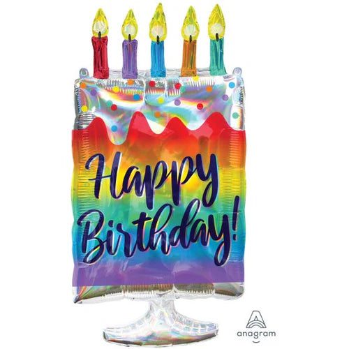 Holographic Happy Birthday cake foil balloon by Anagram featuring colorful birthday cake design for celebration decorations
