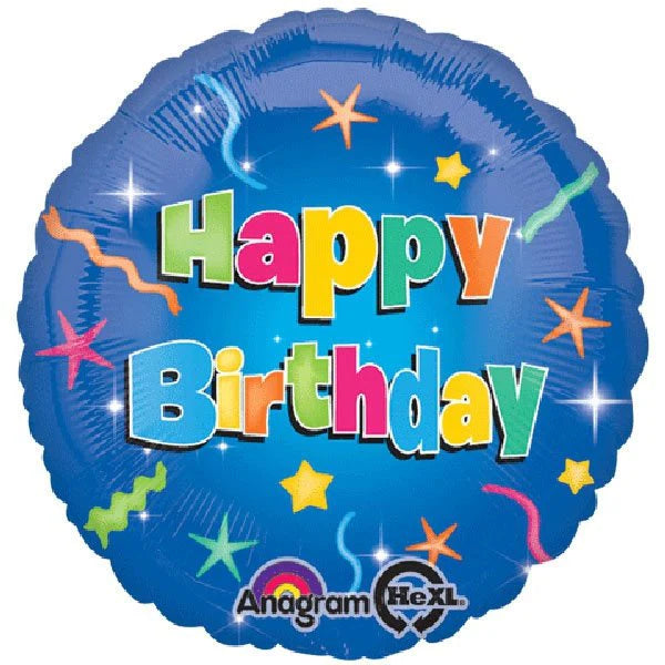 Blue Happy Birthday foil balloon with star designs from Unique, featuring festive birthday celebration imagery.
