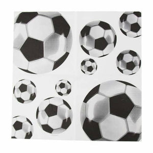 Soccer ball-themed napkins by Party Deco, featuring a white background with black and green soccer ball designs.