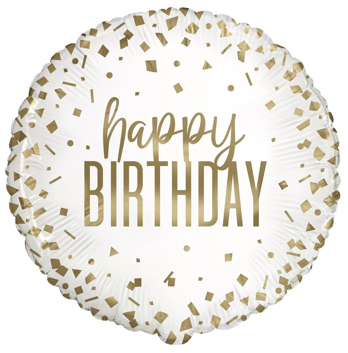 Gold and white confetti happy birthday foil balloon by Anagram, featuring a shiny, festive birthday design.