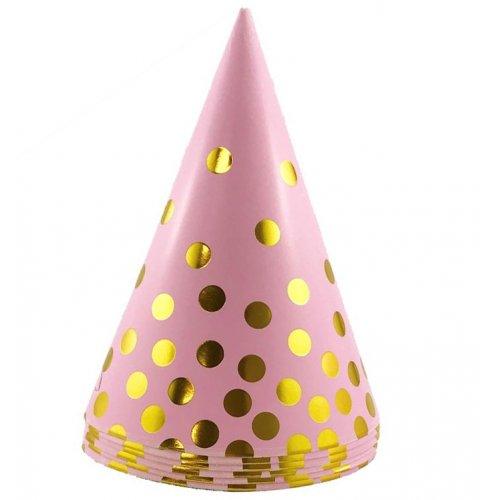 Pink With Gold Dots Cone Party Hats - Party Affair