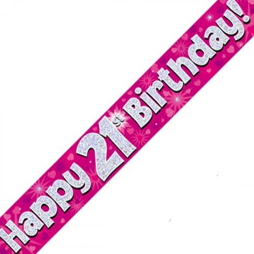 Pink Holographic Happy 21st Birthday Banner