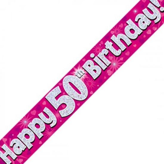Pink Holographic Happy 50th Birthday Banner