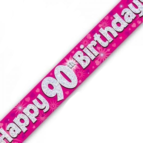 Pink Holographic Happy 90th Birthday Banner