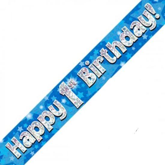 Blue Holographic Happy 1st Birthday Banner - Party Affair