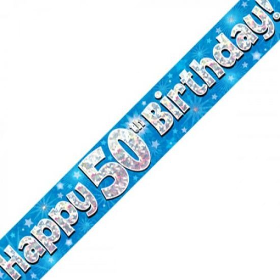 Blue Holographic Happy 50th Birthday Banner