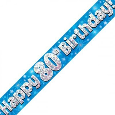 Blue Holographic Happy 80th Birthday Banner