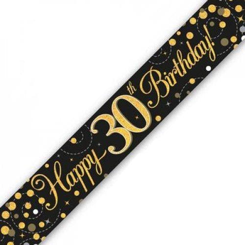 Gold/Black Sparkling Fizz Happy 30th Birthday Holographic Banner - Party Affair