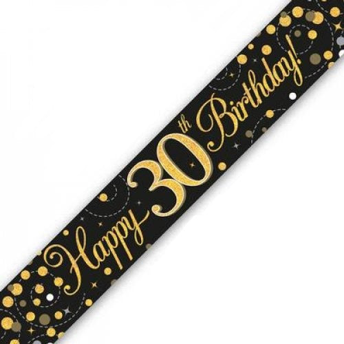 Gold/Black Sparkling Fizz Happy 30th Birthday Holographic Banner