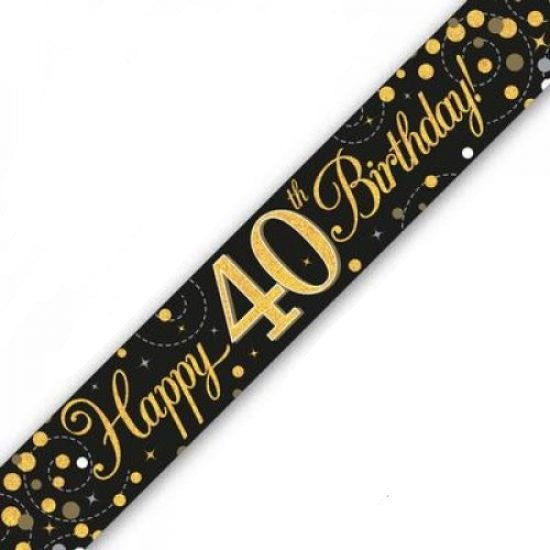 Gold/Black Sparkling Fizz Happy 40th Birthday Holographic Banner