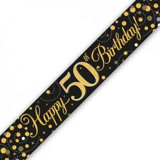 Gold/Black Sparkling Fizz Happy 50th Birthday Holographic Banner