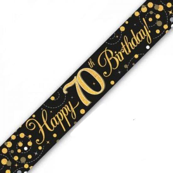 Gold/Black Sparkling Fizz Happy 70th Birthday Holographic Banner - Party Affair