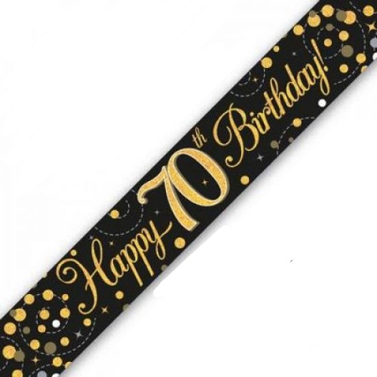 Gold/Black Sparkling Fizz Happy 70th Birthday Holographic Banner
