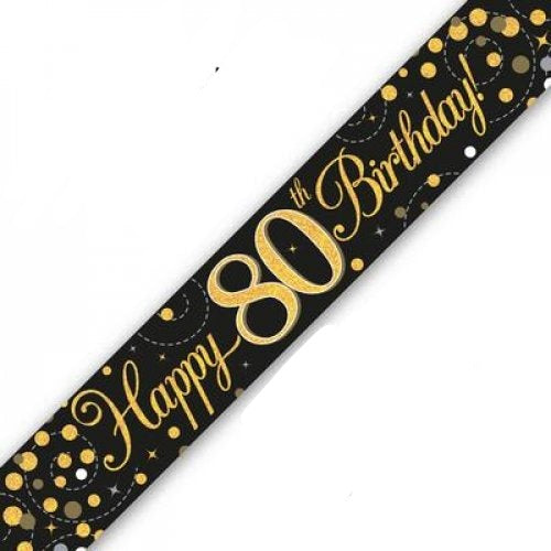 Gold/Black Sparkling Fizz Happy 80th Birthday Holographic Banner
