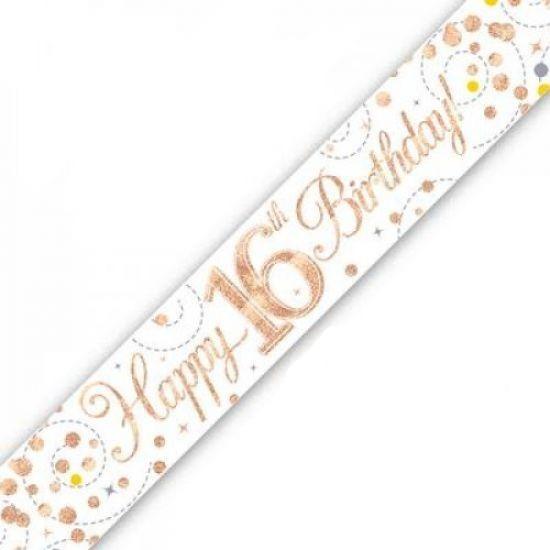 Rose Gold Sparkling Fizz 16th Birthday Holographic Banner - Party Affair
