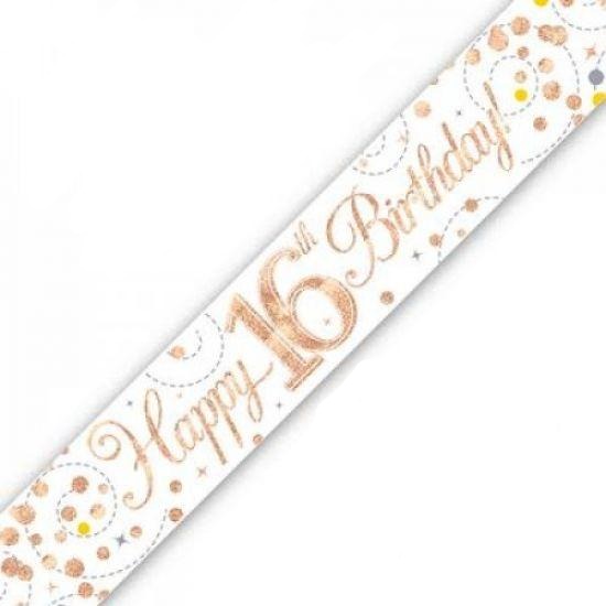 Rose Gold Sparkling Fizz 16th Birthday Holographic Banner