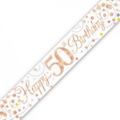 Rose Gold Sparkling Fizz 50th Birthday Holographic Banner - Party Affair