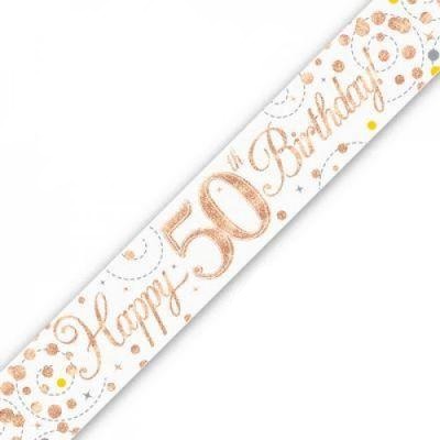 Rose Gold Sparkling Fizz 50th Birthday Holographic Banner