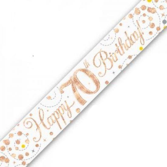 Rose Gold Sparkling Fizz 70th Birthday Holographic Banner - Party Affair