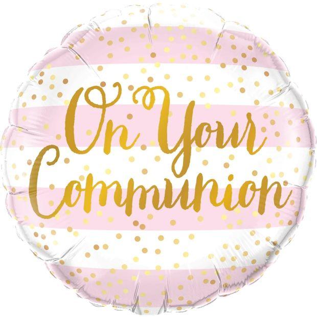 On Your Communion Pink Stripes Foil Balloon - Party Affair