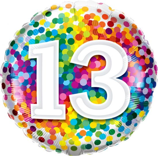 Number 13 Rainbow Confetti Foil Balloon