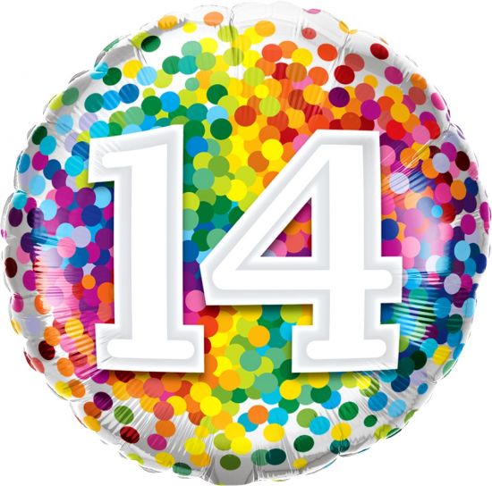 Number 14 Rainbow Confetti Foil Balloon