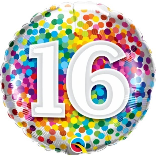 Number 16 Rainbow Confetti Foil Balloon