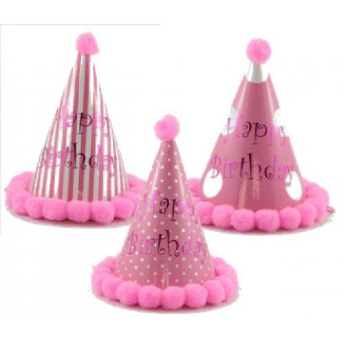 Pink Happy Birthday Cone Hat With Pompoms - Party Affair