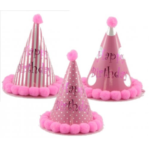 Pink Happy Birthday Cone Hat With Pompoms