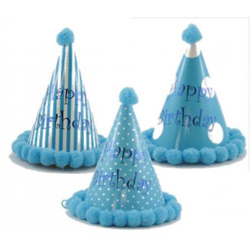 Blue Happy Birthday Cone Hat With Pompoms - Party Affair