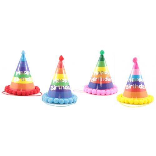 Striped Happy Birthday Cone Hat With Pompoms - Party Affair
