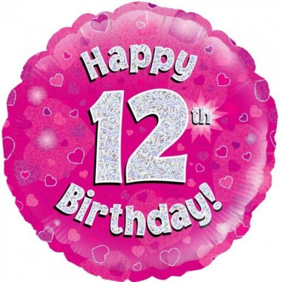 Pink Holographic Happy 12th Birthday Foil Balloon