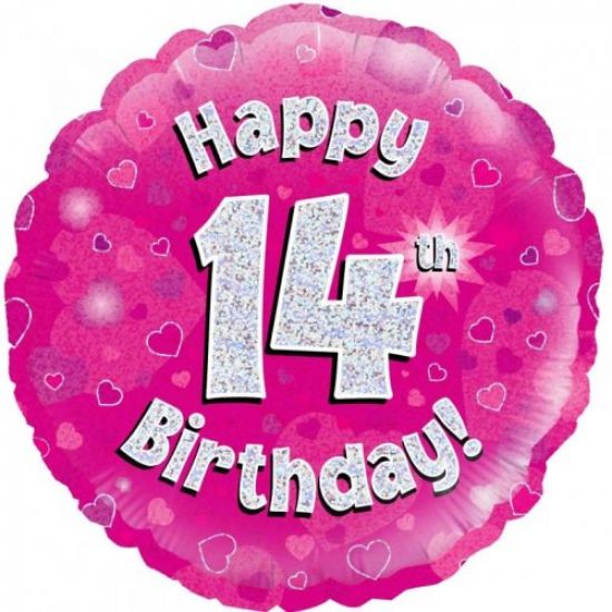 Pink Holographic Happy 14th Birthday Foil Balloon