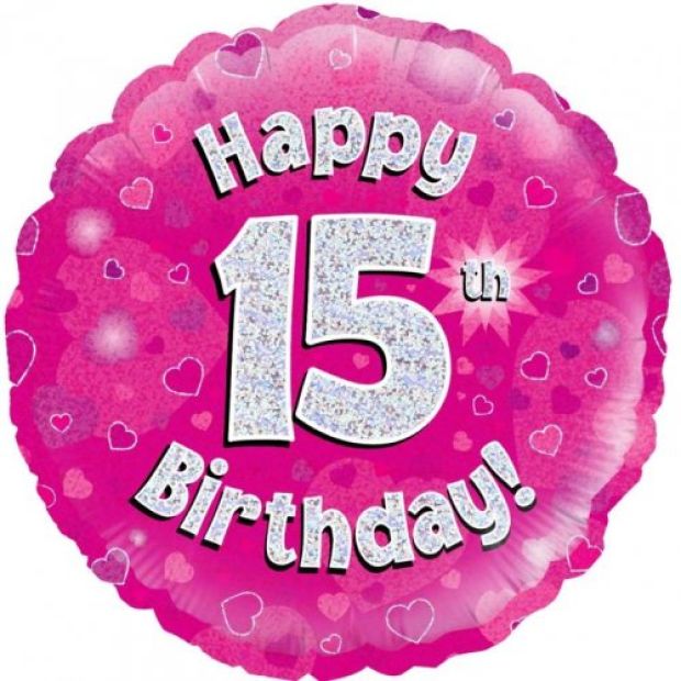 Pink Holographic Happy 15th Birthday Foil Balloon