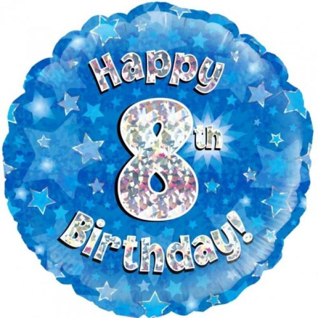 Blue Holographic Happy 8th Birthday Foil Balloon