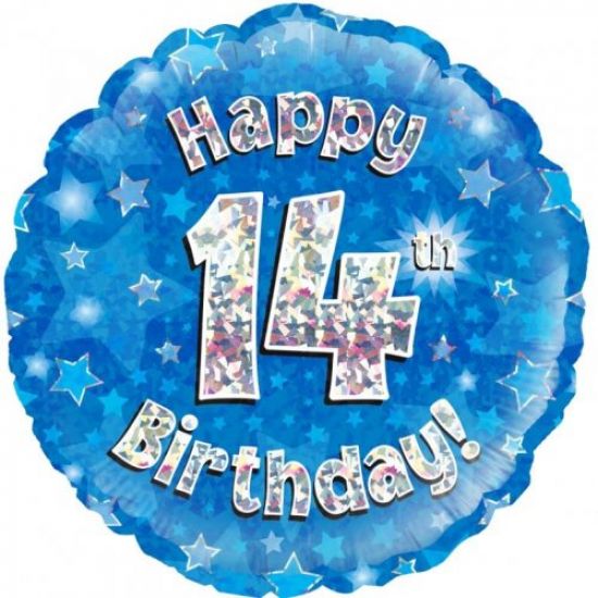 Blue Holographic Happy 14th Birthday Foil Balloon