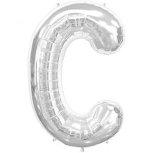 Silver Letter C foil balloon, 86cm North Star foil balloon for celebrations, shiny metallic finish, inflated and ready for decoration.