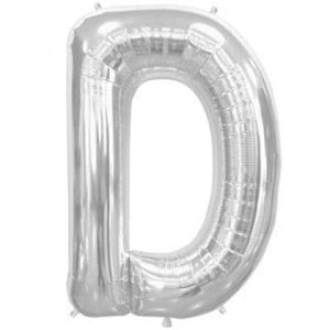 Silver Letter D foil balloon measuring 86cm from North Star, showcasing shiny metallic finish and letter shape.