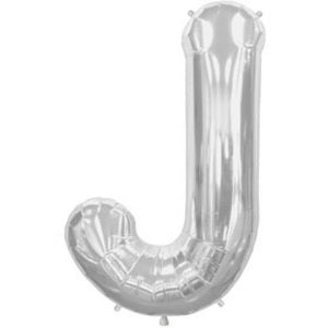 Silver letter balloon from Party Affair, large metallic balloon with the letter J, suitable for celebrations and parties.