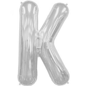 Silver Letter K foil balloon, 86cm from North Star, showcasing shiny metallic surface and letter K shape for celebration decorations