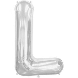 Silver Letter L foil balloon by North Star, 86cm tall, shiny metallic finish, inflated with helium, suitable for celebrations.