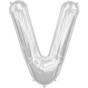 Silver foil letter V balloon from North Star, 86cm tall, shiny metallic finish, suitable for celebrations and party decorations.