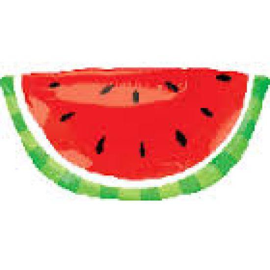 Foil balloon shaped like a watermelon slice from Anagram, featuring bright green, pink, and black colors for festive celebrations.
