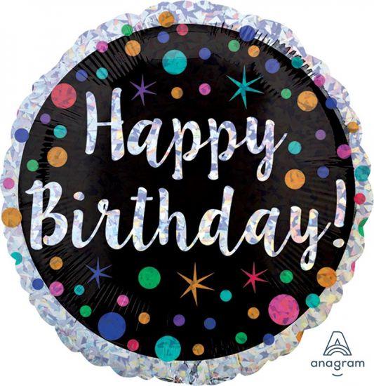 Holographic polka dot foil balloon for birthdays by Anagram, shiny metallic balloon with colorful polka dot design.