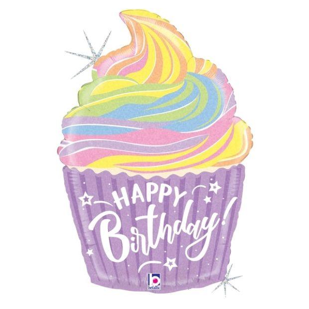Holographic Pastel Birthday Cupcake Foil Balloon Shape - Party Affair