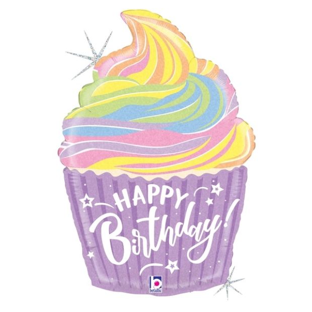 Holographic Pastel Birthday Cupcake Foil Balloon Shape