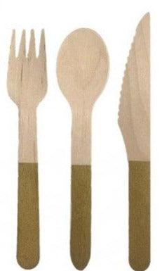 Eco Friendly Birchwood Wooden Cutlery Set With Gold Accent - Party Affair