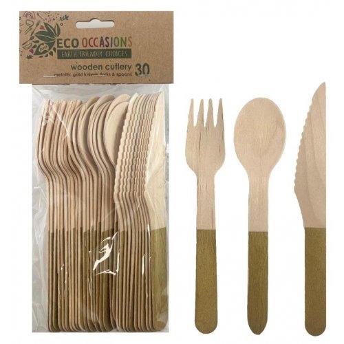 Eco Friendly Birchwood Wooden Cutlery Set With Gold Accent - Party Affair