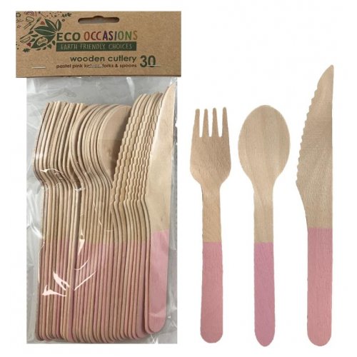 Eco Friendly Birchwood Wooden Cutlery Set With Light Pink Accent