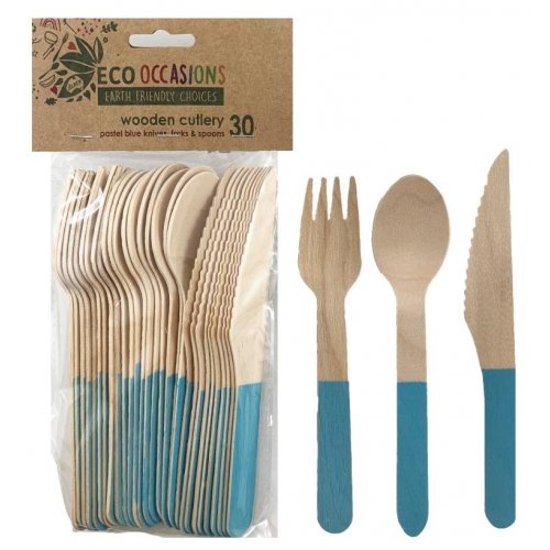 Eco Friendly Birchwood Wooden Cutlery Set With Blue Accent